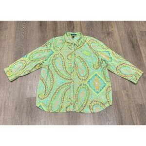 Lauren Ralph Lauren Blouse Womens 3X Green Paisley Bright Abstract Cotton Shirt